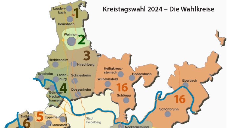 Die Kreistagswahl 2024 wirft ihre Schatten voraus: Wie bei der Wahl 2019 wird das Gebiet des Rhein-Neckar-Kreises in 16 Wahlkreise aufgeteilt. Die Zuschnitte bleiben unverändert. (Grafik: Landratsamt Rhein-Neckar-Kreis)