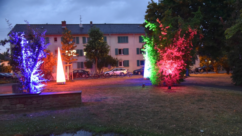 Beleuchteter Gemeindepark im Nieselregen