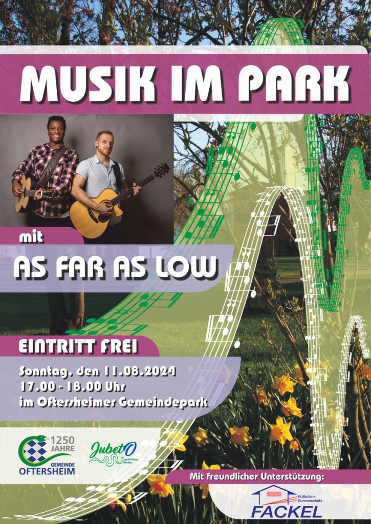 Musik im Park- Konzertankündigung von AS FAR AS LOW