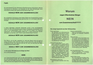 Ein Flugblatt, das vor der Bürgeranhörung 1974 in Oftersheim kursierte. Der Titel lautete: WARUM sagen Oftersheimer Bürger NEIN zum Zusammenschluß