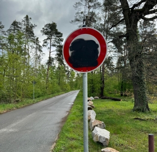 Ein Tempo 30 Schild von fünf Schildern, die auf der Zufahrtsstraße zum Golfplatz mit schwarzer Farbe beschmiert wurden.