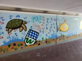 Oftersheimer Wappen im Graffitistil Graffitiprojekt an der Unterführung